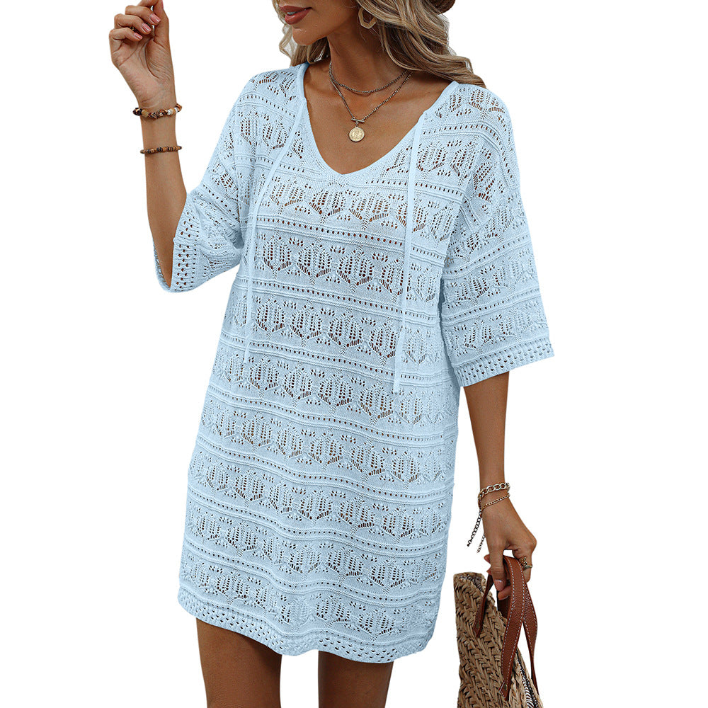 Casual Short-Sleeved V-Neck Hollow Vacation Beach Sunscreen Dress Wholesale Dresses