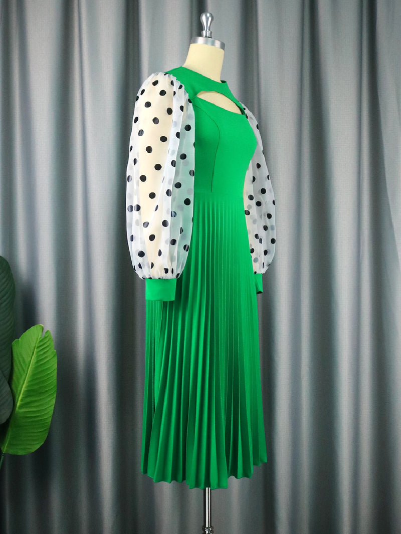 Fashion Polka Dot Lantern Sleeves Round Neck Hollow Pleated Dress Wholesale Dresses