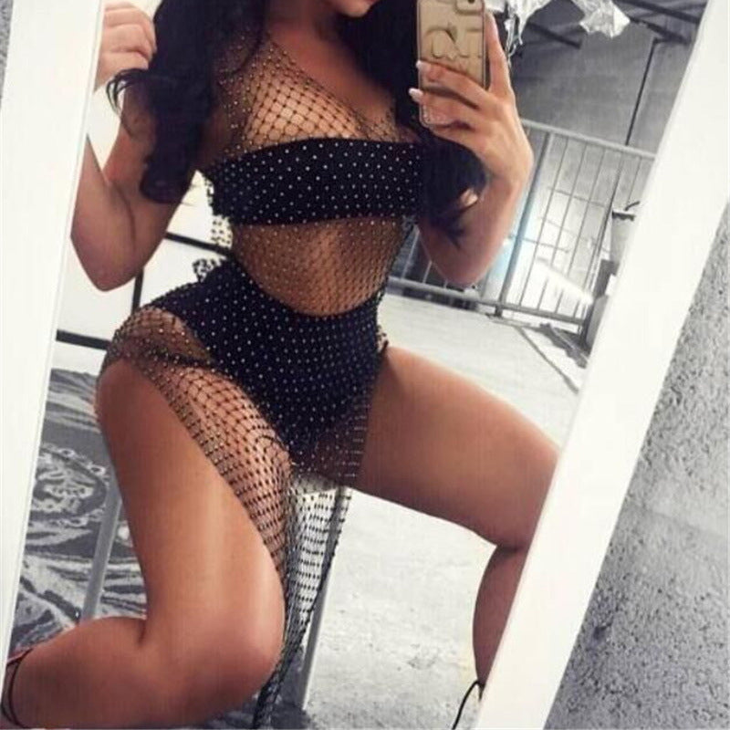 Nightclub Style Sexy Rhinestone Inlaid Openwork Fishnet V-Neck Split Dress Wholesale Dresses