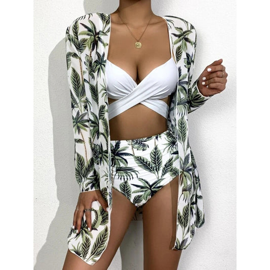 Hollow Strap Printed High Waist Bikini Three Piece Set Wholesale Women'S Clothing