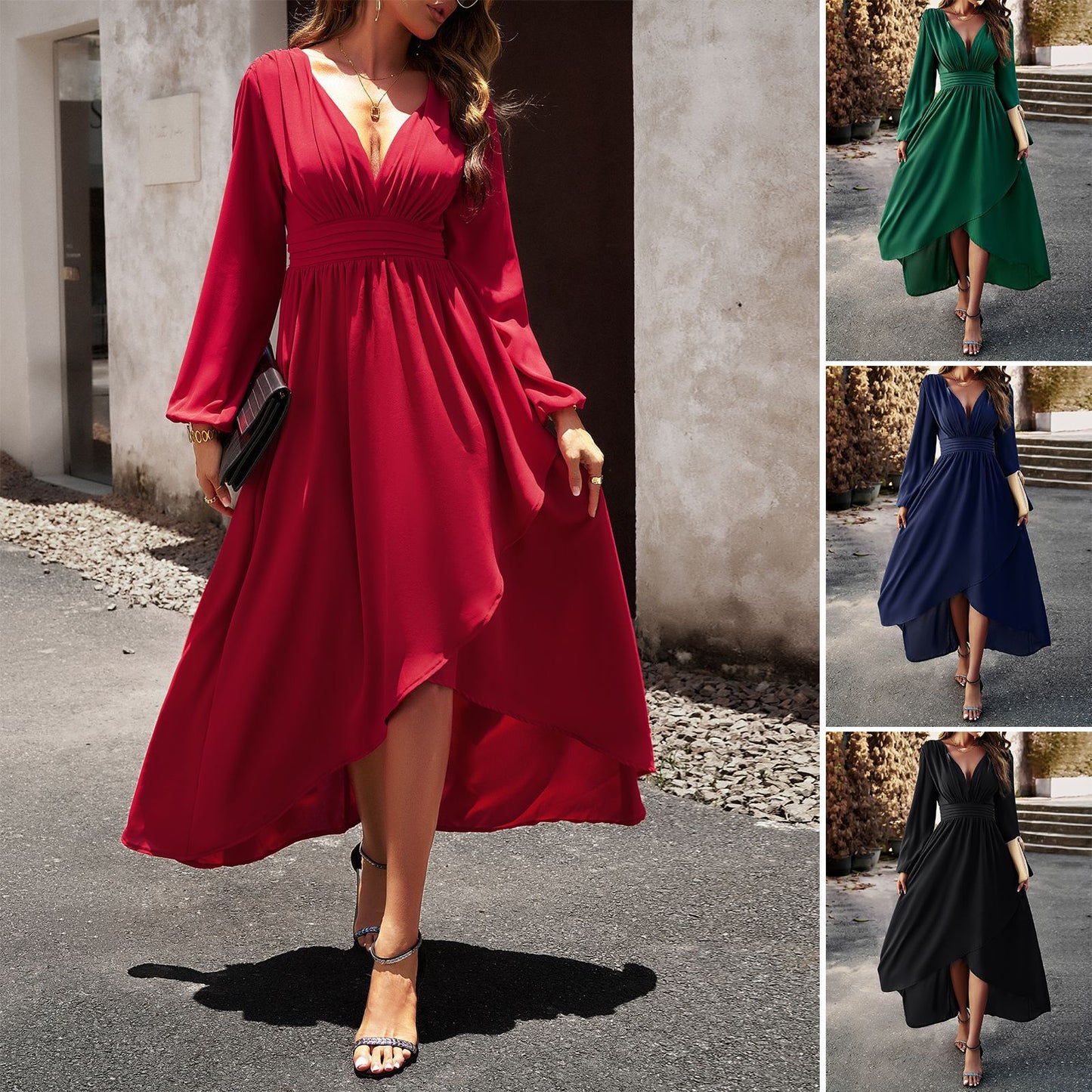 Sexy Long-Sleeved V-Neck Waist Slimming Big Hem Dresses Wholesale Dresses