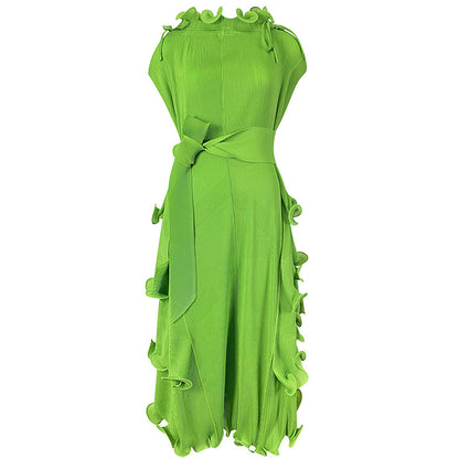 Design Sense Short Sleeve Ruffle Neck Pleated Hem Dress Wholesale Dresses