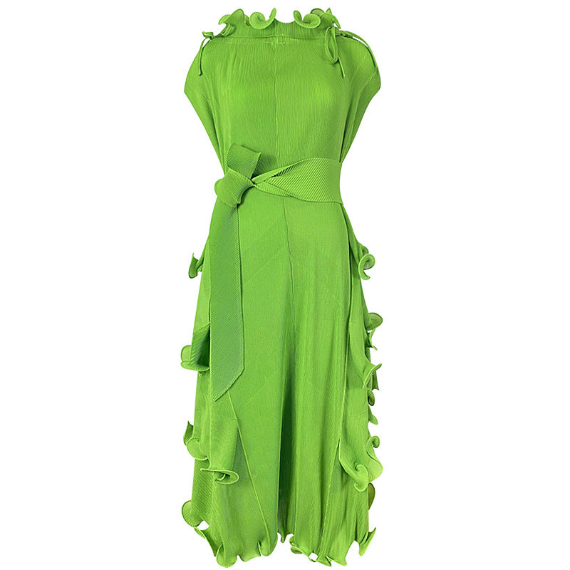 Design Sense Short Sleeve Ruffle Neck Pleated Hem Dress Wholesale Dresses