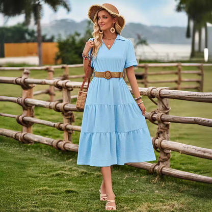 Waist V-Neck Short Sleeve Belted Dresses Wholesale Womens Clothing N3824050700073