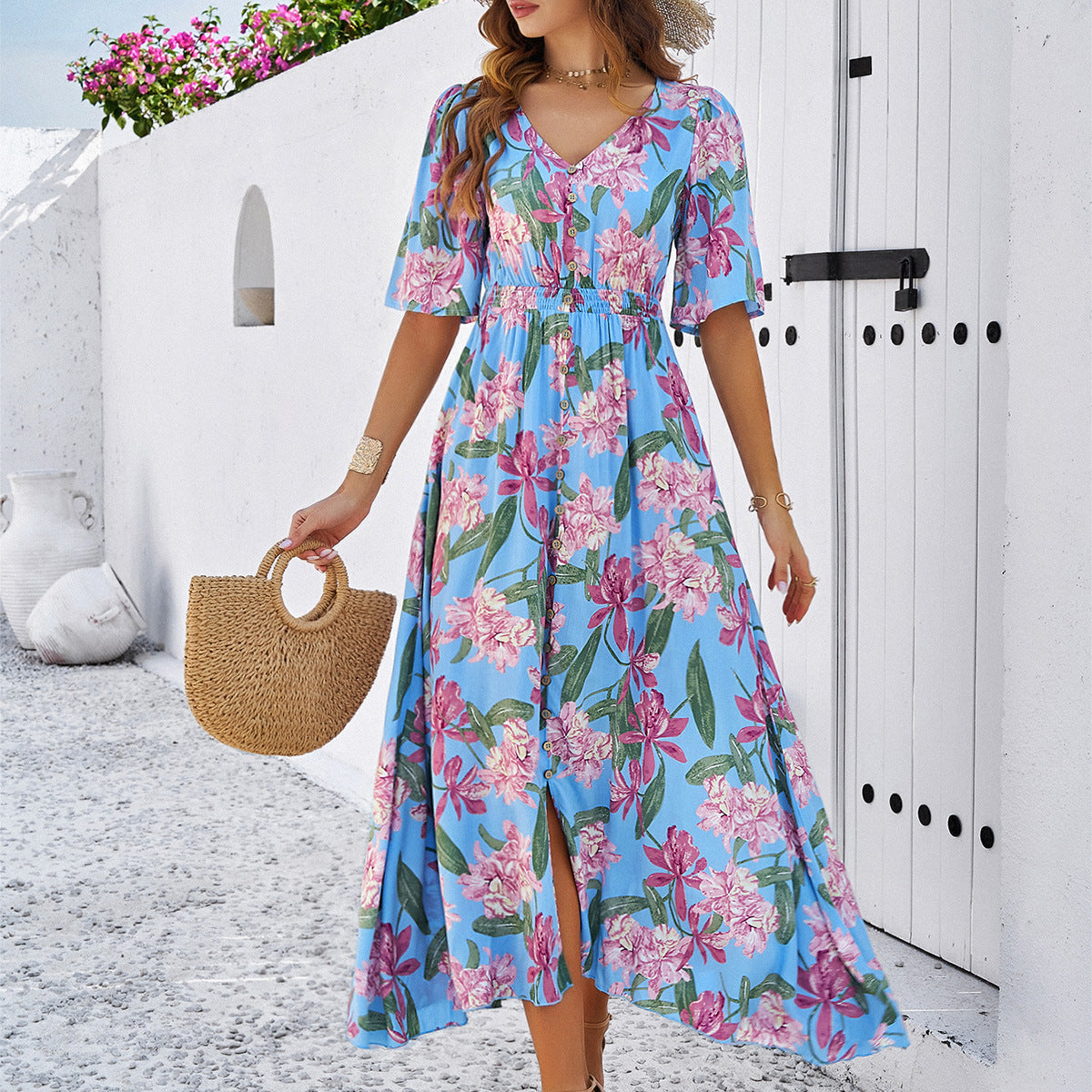 Spring and Summer Casual Printed Slit Resort Dresses Wholesale Womens Clothing N3824040100120