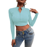 Solid Color Jersey Zipper Slimming Revealing Long Sleeve T-Shirt Wholesale Womens Tops
