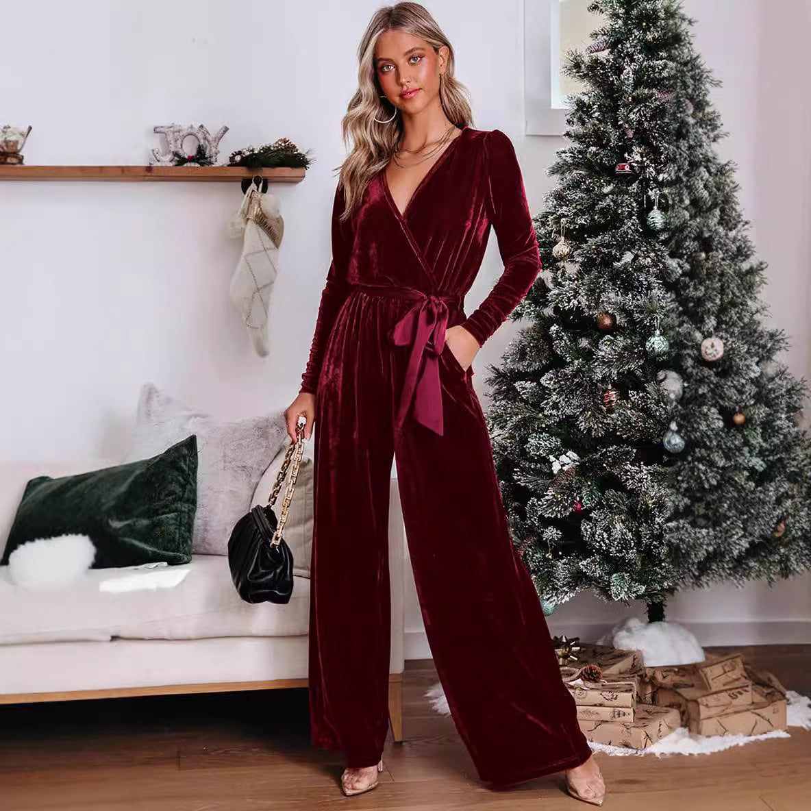 Solid Velvet Long Sleeve Jumpsuit V Neck Elegant Straight Trousers Wholesale Womens Clothing N3824091200193