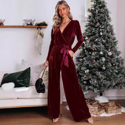 Solid Velvet Long Sleeve Jumpsuit V Neck Elegant Straight Trousers Wholesale Womens Clothing N3824091200193