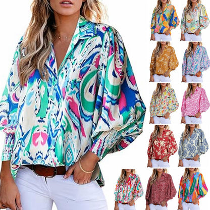 Long-Sleeved Printed Blouses With Lapel And Lantern Sleeves Wholesale Womens Tops N3824091200175