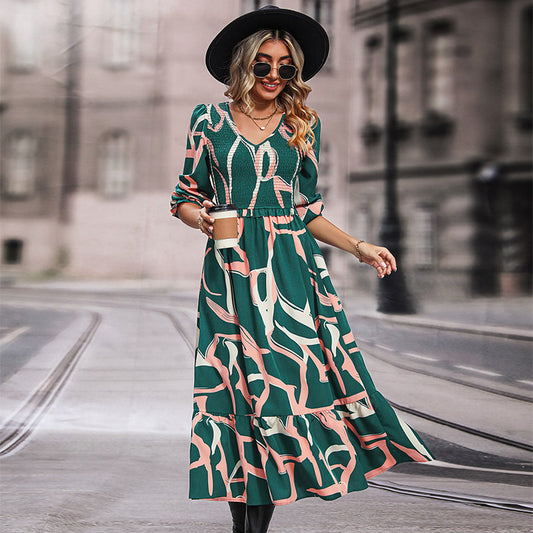 V-Neck Printed Dresses Long Sleeve Wholesale Womens Clothing N3824090300004