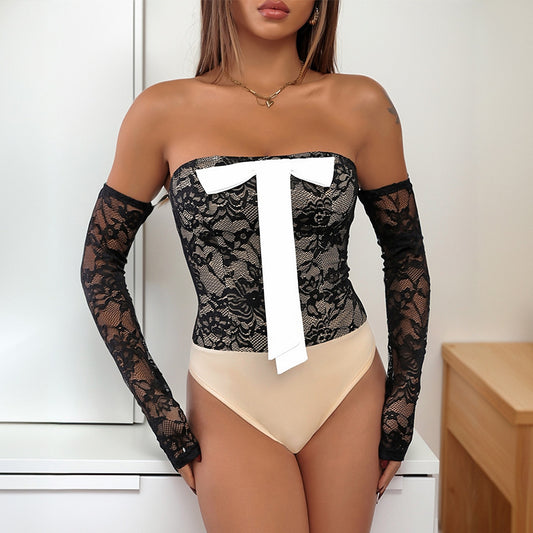 Off-Shoulder Bow Lace Patchwork Contrast Color Bodysuit Wholesale Womens Clothing N3824112000020