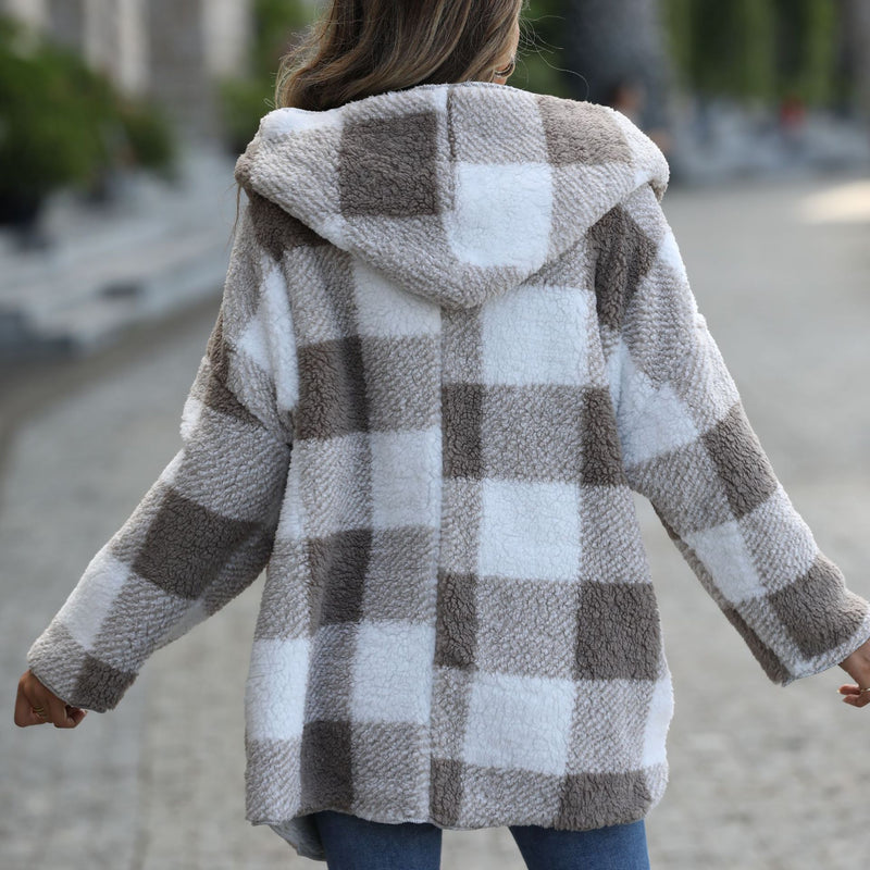 Hooded Long Sleeve Loose Plaid Buttonless Coat Wholesale Womens Clothing N3823111600021