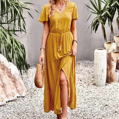 Casual Solid Color Fly Fly Sleeve V-Neck Button High Waist A-Line Dress Wholesale Dresses