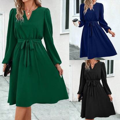 Long Sleeve V-Neck Tie Midi Dresses Wholesale Womens Clothing N3824062800049