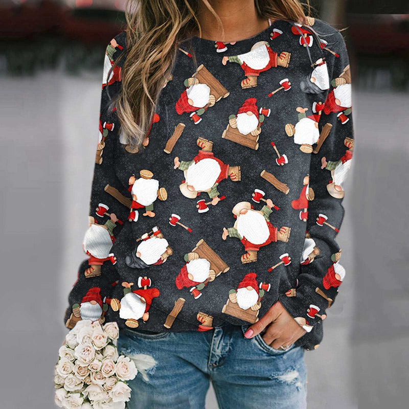 Christmas Snowman Print Round Neck Loose Long Sleeve T-Shirt Wholesale Womens Tops