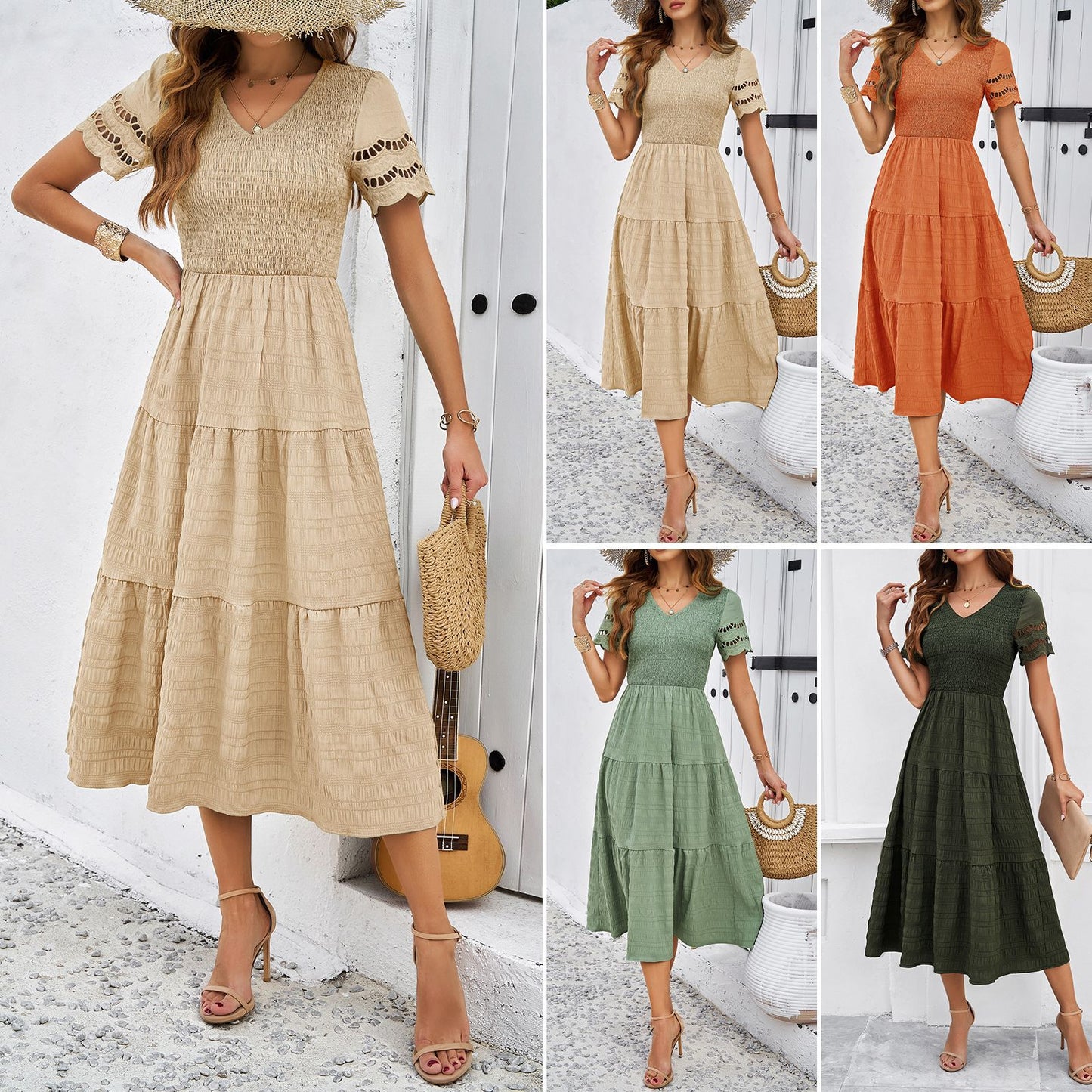 Solid Color Short Sleeve V-Neck Dresses Wholesale Womens Clothing N3824040700279