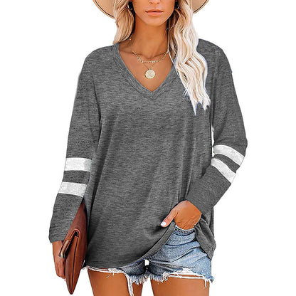 Solid Color V-Neck Striped Long-Sleeved Loose T-Shirts Wholesale Womens Clothing N3824082900033