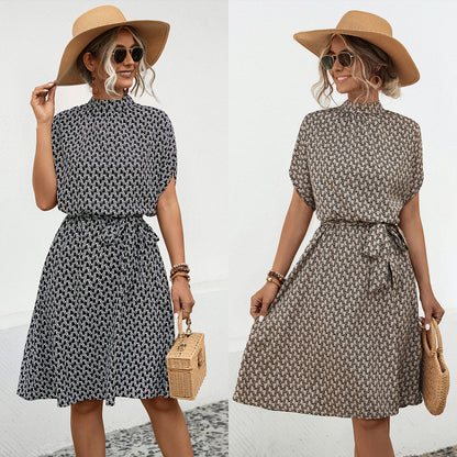 Printed Short Sleeve Dresses With Belt Wholesale Womens Clothing N3824042900048