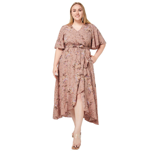 Plus Size V-Neck Short-Sleeved Ruffled Printed Pocket Dresses Wholesale Womens Clothing N3824080300038