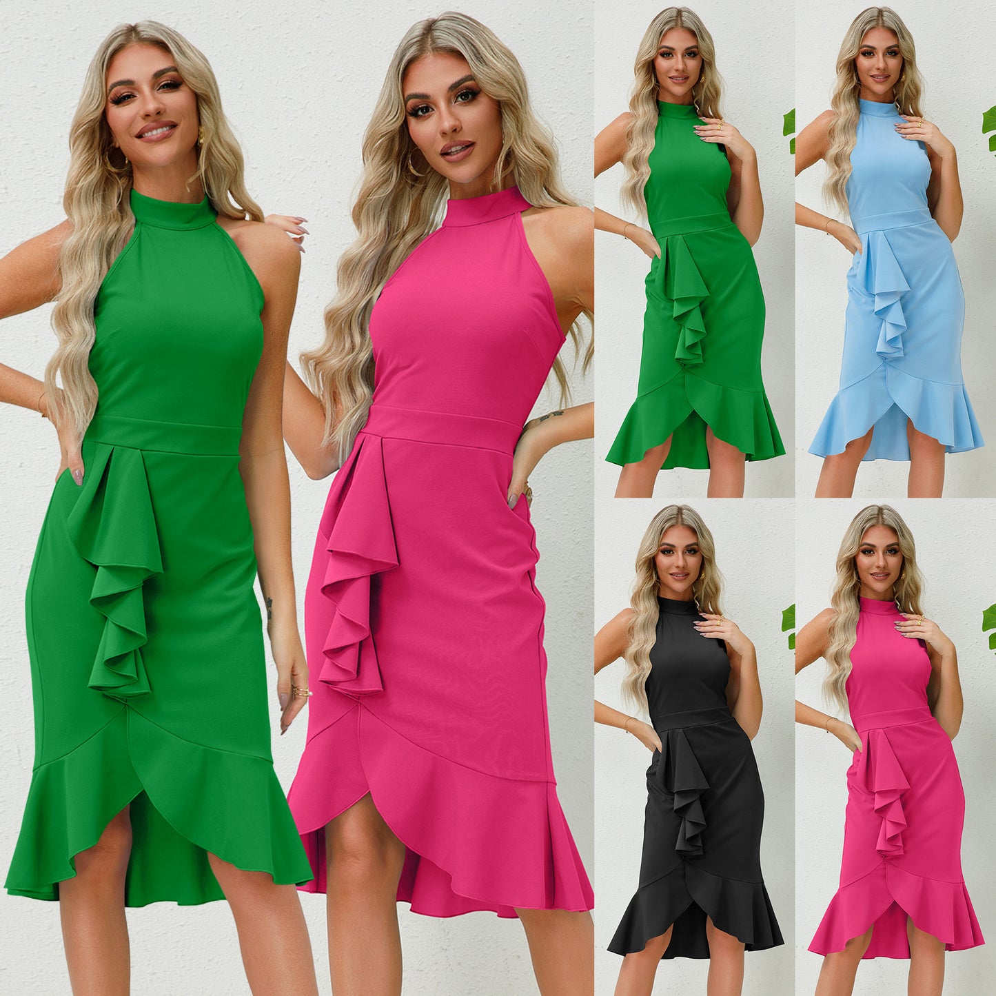 Sexy Hip-hugging Slim Stand Collar Sleeveless Ruffle Dresses Wholesale Womens Clothing N3824062100041