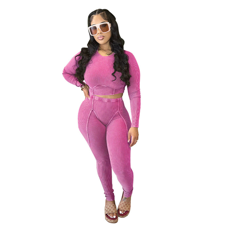 Sexy Pit Striped Long-Sleeved Tight Sports Two-Piece Sets Wholesale Womens Clothing N3823103000055