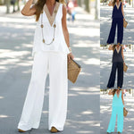 Casual Solid Color V-Neck Sleeveless Top And Loose Pants Set Wholesale Women'S 2 Piece Sets