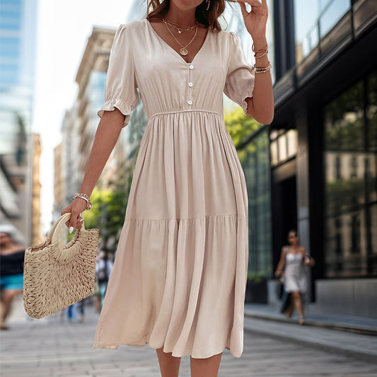 Waisted V-Neck Solid Color Midi Dresses Wholesale Womens Clothing N3824062800037