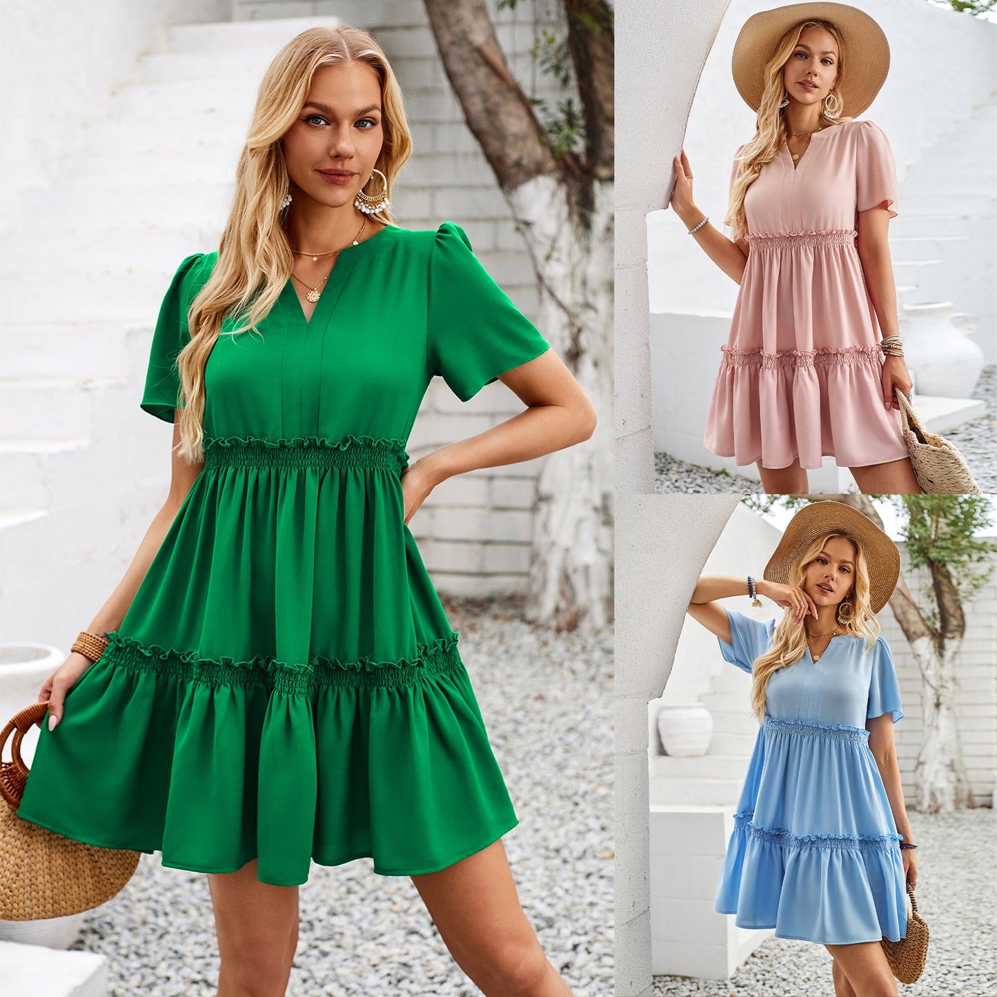 Solid V Neck Casual Ruffled Shorts Sleeve Dresses Wholesale Womens Clothing N3824050700082