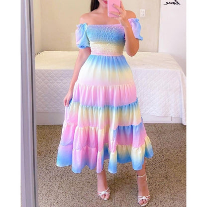 Printed Off-Shoulder Smocked Midi Dresses Wholesale Womens Clothing N3824080500007