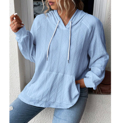 Casual Solid Long Sleeve Jacquard Patch Pocket Hooded Sweatshirt Wholesale Womens Tops