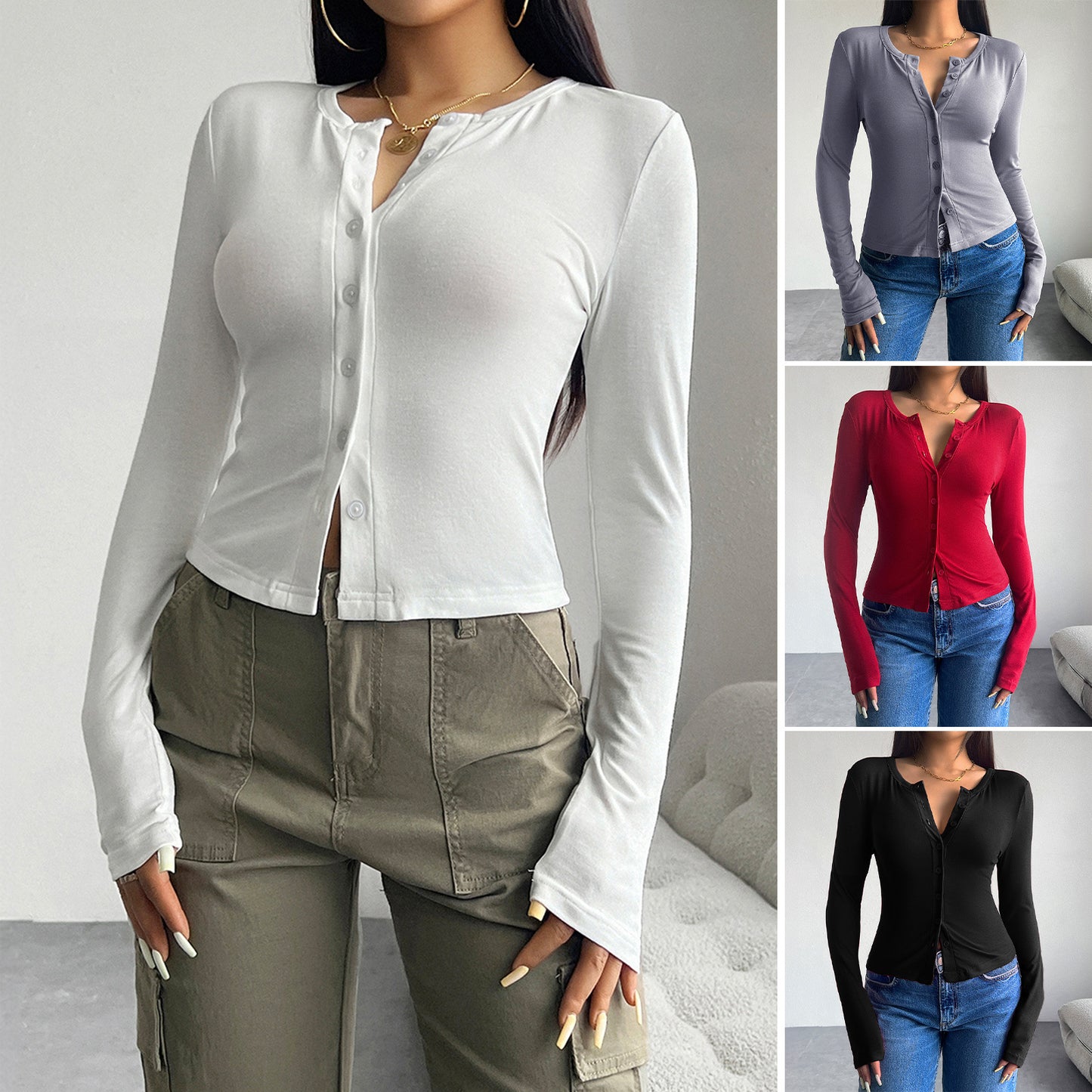 Solid Color Cardigan Ribbed Long Sleeve Blouses Wholesale Womens Clothing N3824080700057