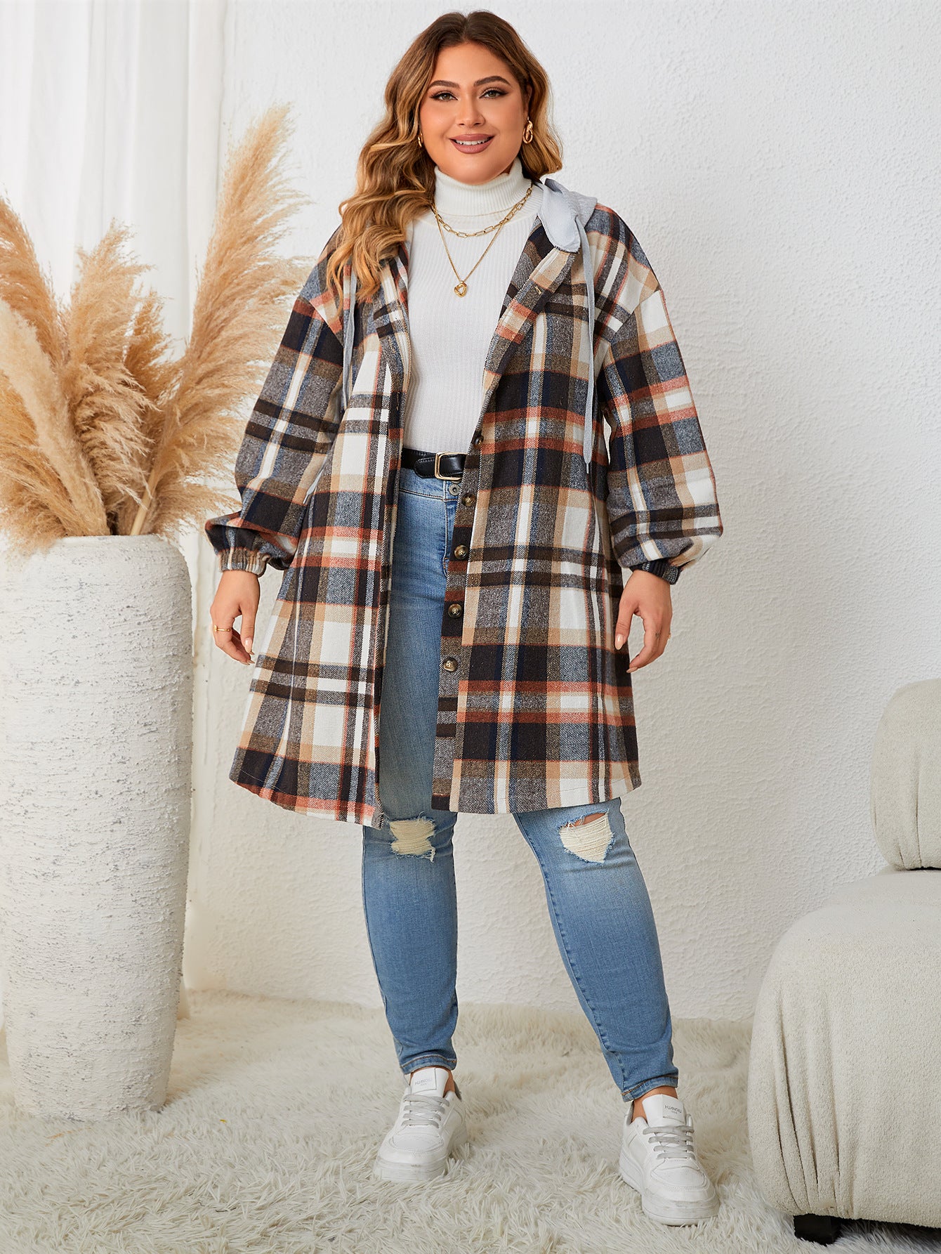 Plus Size Plaid Hooded Mid-Length Jackets Wholesale Womens Clothing N3824091200160