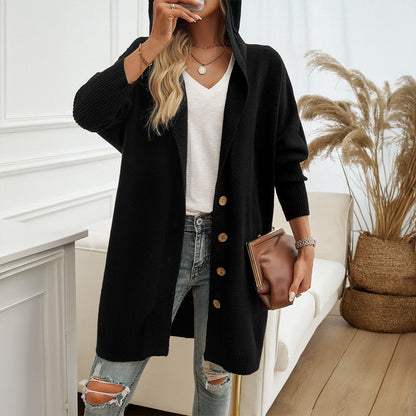 Casual Loose Cardigan Button-Down Hooded Sweater Jackets Wholesale Womens Clothing N3824073100086