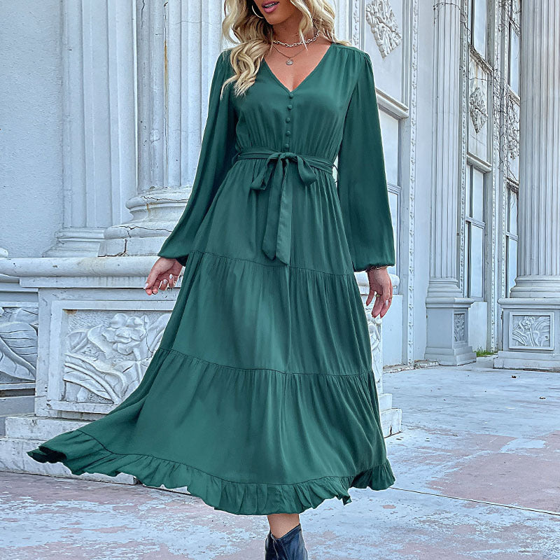 Long Sleeve Solid Color Maxi Dresses With Belt Wholesale Womens Clothing N3824091200040