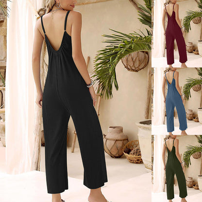 Solid Color Ribbed Pocket Loose Casual Sling Jumpsuit Wholesale Womens Clothing N3824052000017