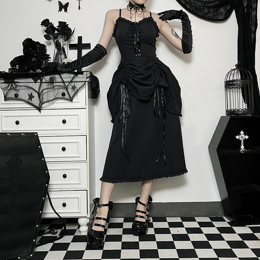 Dark Punk Stylish Slim Drawstring Strap Suspender Dress Wholesale Dresses