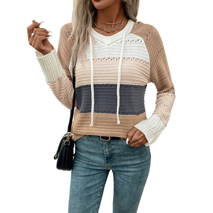 Long Sleeve Colorblock Hooded Knitted Sweater Wholesale Womens Clothing N3824082900020