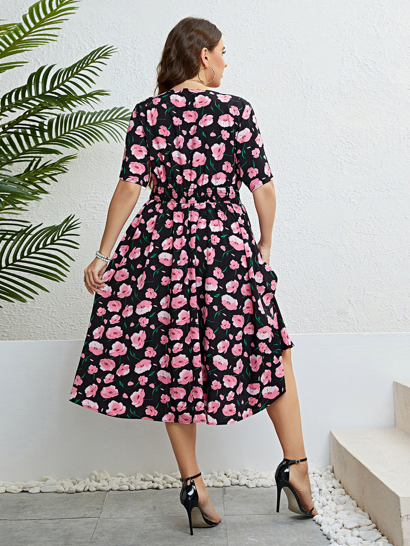 Fashion Short-Sleeved V-Neck Floral Print Waist-Skimming Dress Wholesale Plus Size Clothing
