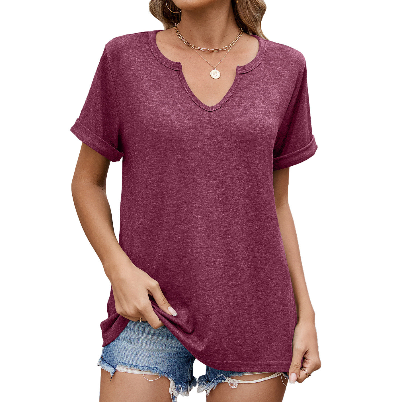 Spring and Summer Solid Color V-neck Loose Short Sleeve T-shirt Tops Wholesale Womens Clothing N3824121200043