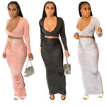 Casual Deep V Long Sleeve Top And Pleated Long Skirt Set Wholesale Women'S 2 Piece Sets
