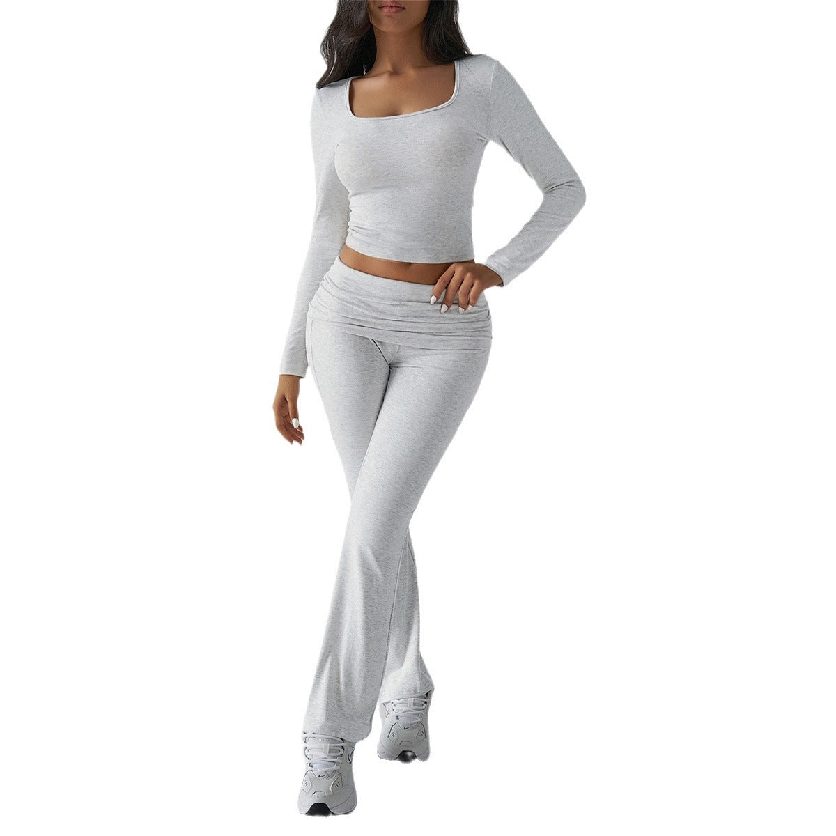 Solid Color Casual Knit Long Sleeve Top Pant Yoga Wear Two Piece Set Wholesale Womens Clothing N3824101000021