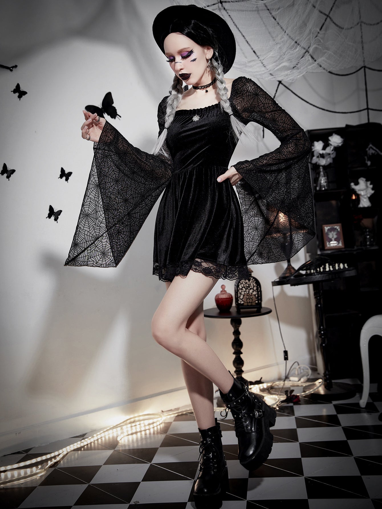 Dark Punk Gothic Slim Fit Spider Web Bell Sleeve Square Neck Dress Wholesale Dresses