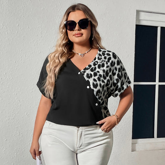 Plus Size Colorblack Leopard Print Patchwork Loose Short Sleeve V-Neck Tops Wholesale Womens Clothing N3824091200159