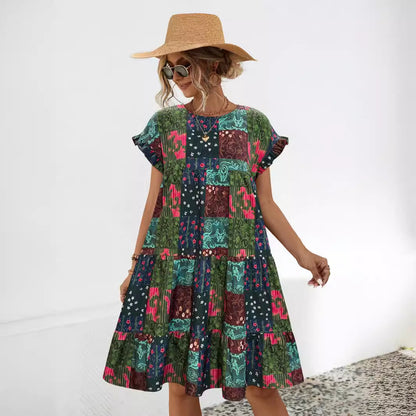 Printed Loose Gathered Dress Wholesale Womens Clothing N3824041600060