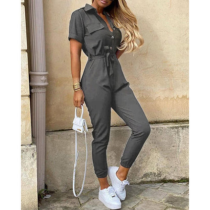 Casual Lapel Buckle Printed Belt Workwear Jumpsuit Wholesale Jumpsuits