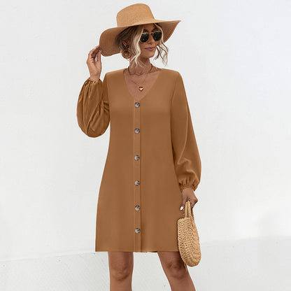 Solid Color Lantern Sleeve Button-up Casual Dresses Wholesale Womens Clothing N3824080300066