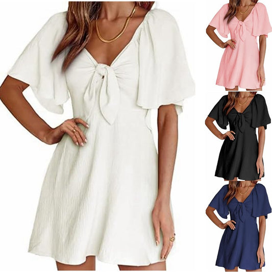 V-Neck Bow Tie Short Sleeve Mini Dresses Wholesale Womens Clothing N3824070900017