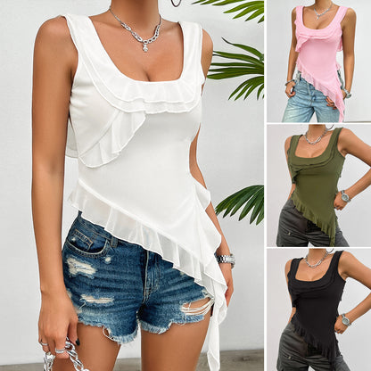 Solid Color Ruffled Sleeveless U Neck Mesh Tops Wholesale Womens Clothing N3824040700276