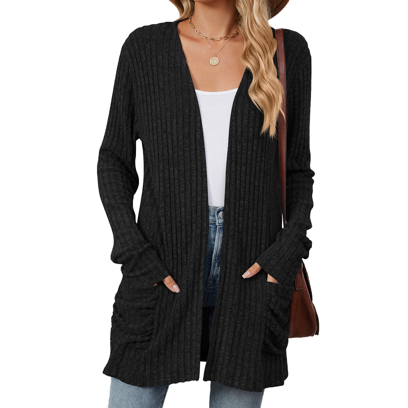 Solid Color Pocket Long Sleeve Knitted Bottoming Cardigan Wholesale Womens Clothing N3824072900051