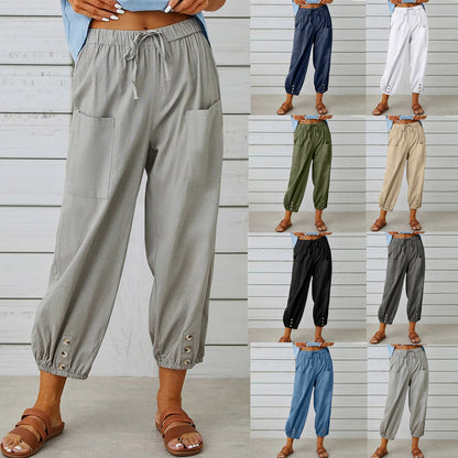 Loose High Waist Buttoned Cotton Linen Pants Nine Minute Wide Leg Pants Wholesale Womens Clothing N3824091200196